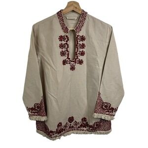 Soft Surroundings Sahara Tunic Red Beading Blouse Ivory V-Neck Small Long Sleeve